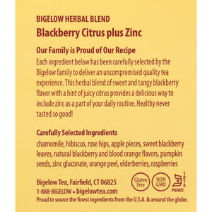 Bigelow Blackberry Citrus plus Zinc, Caffeine-Free Herbal Tea Bags, 18 Count