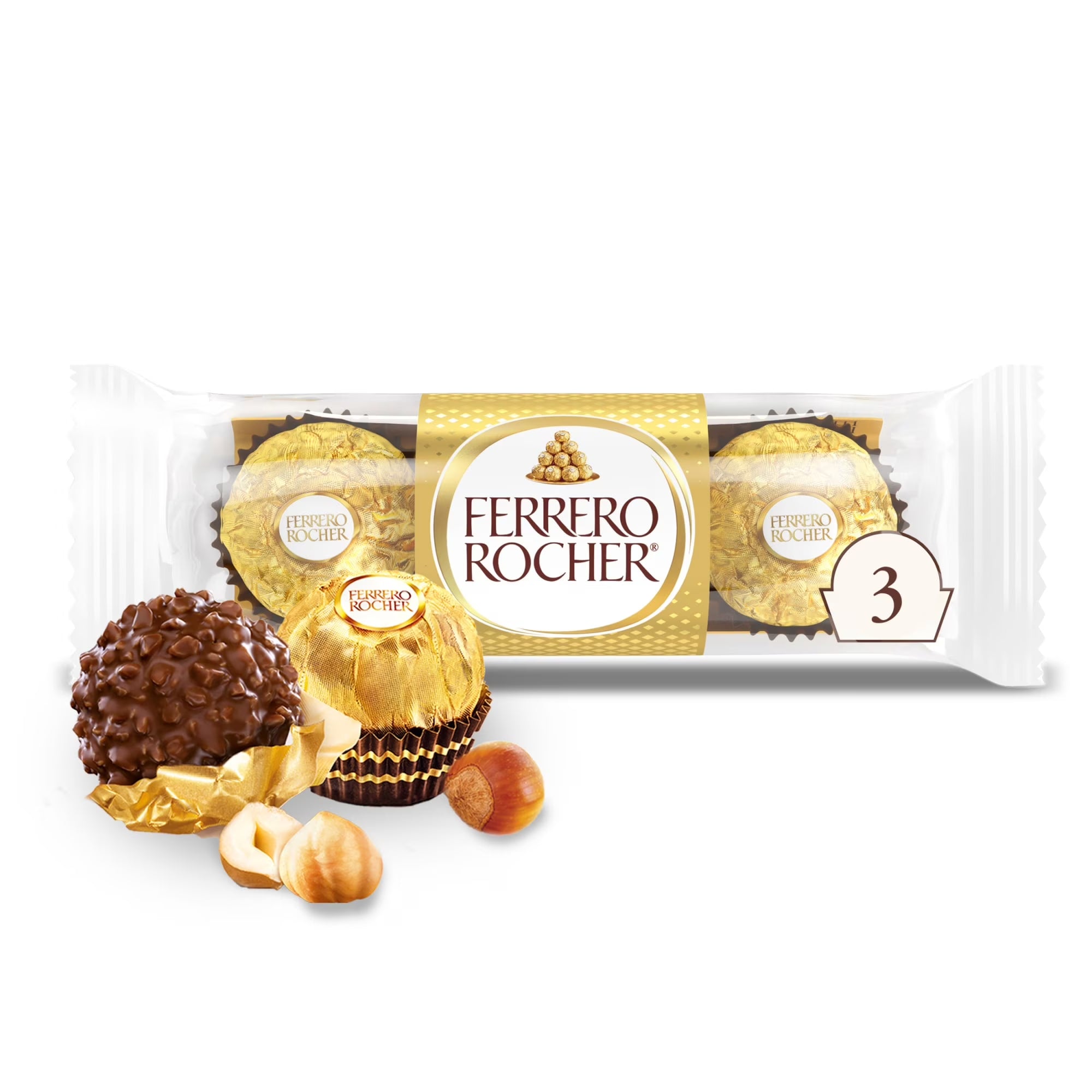 Ferrero Rocher Premium Gourmet Milk Chocolate Hazelnut, Individually Wrapped Candy for Gifting, 3 Count, 1.3 Oz