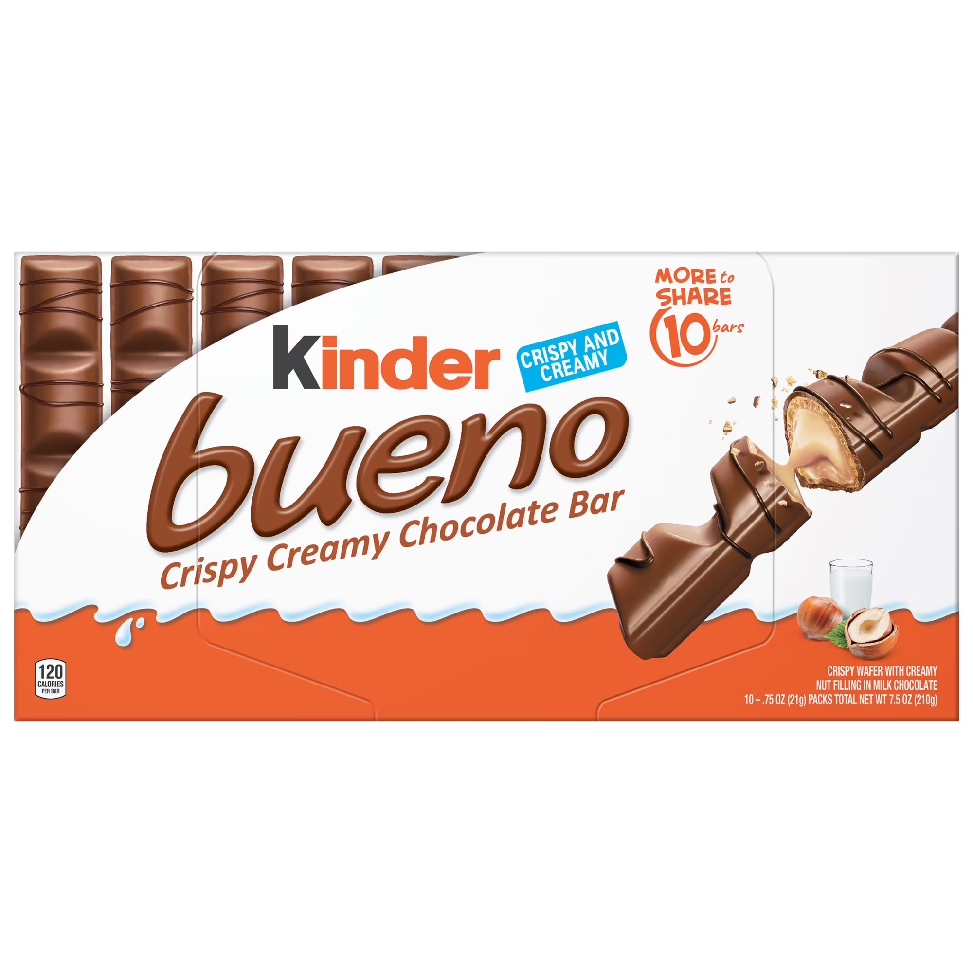 Kinder Bueno Milk Chocolate and Hazelnut Cream, 1 Pack, 10 Individually Wrapped Chocolate Bars, 7.5 Oz