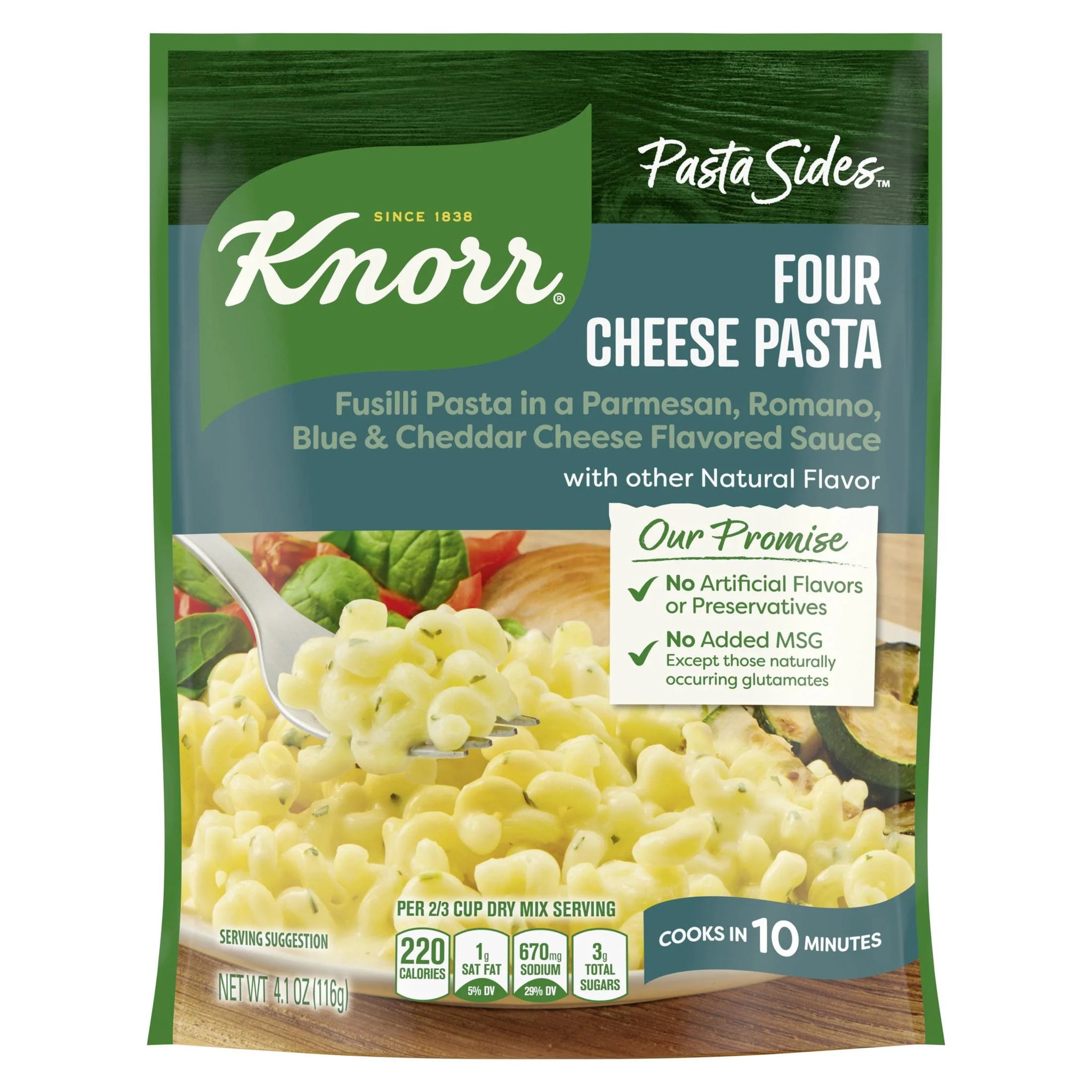 Knorr Pasta Sides Four Cheese Fusilli Pasta Made with No Artificial Flavors, 4.1 Oz Pouch