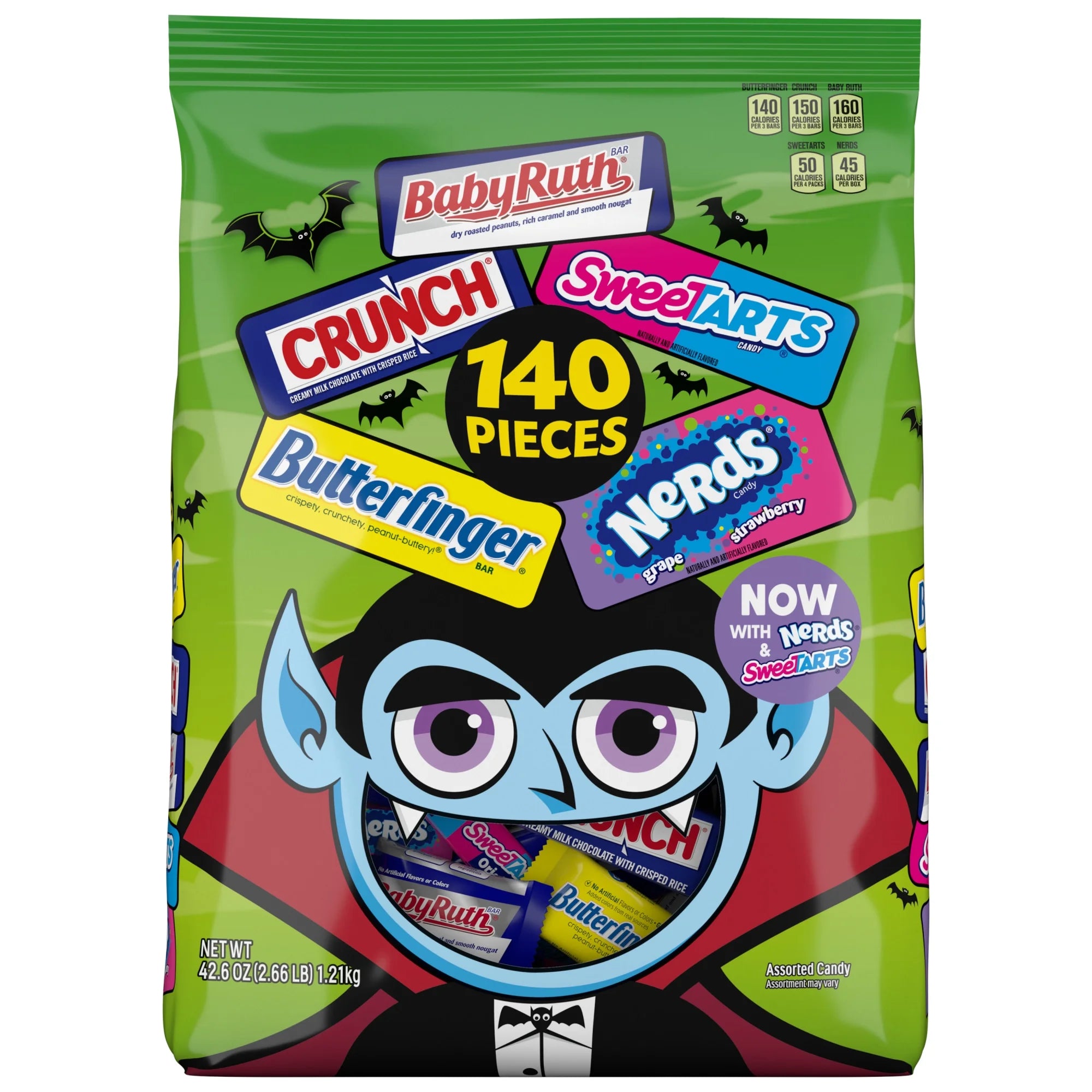 Butterfinger, CRUNCH, Baby Ruth, Nerds, Sweettarts, Mini Size Assorted Candy, Bulk 140 Count Variety Pack, 38.8 Oz