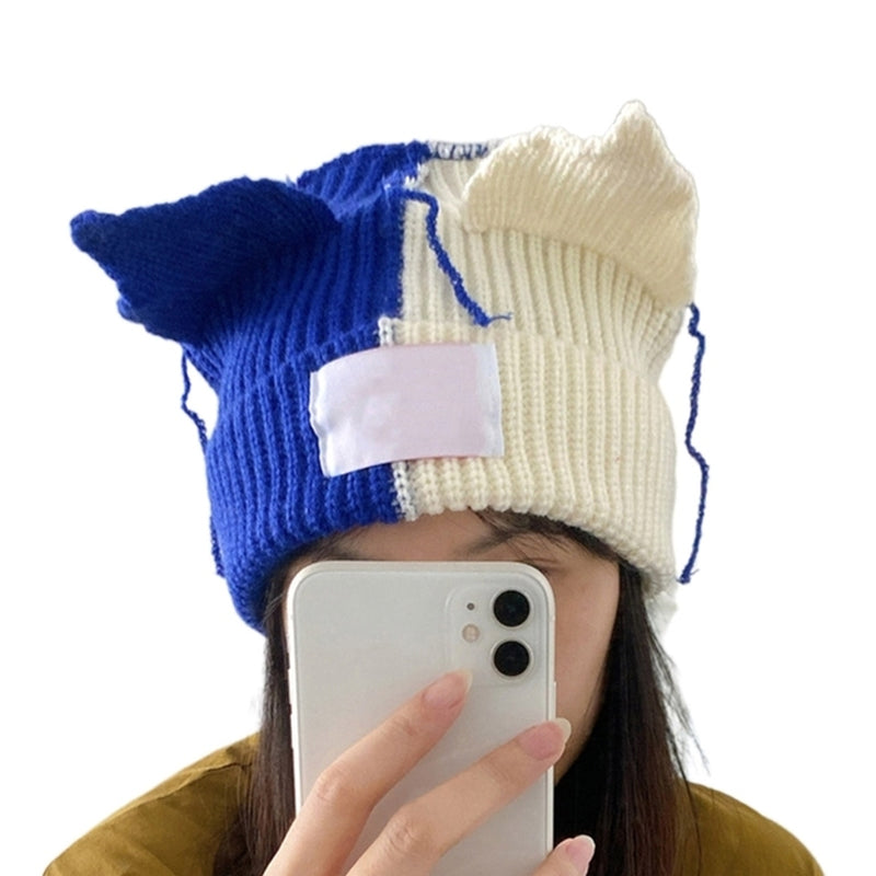 Patch Decor Knitted Hat Elastic Windproof Hat Ear Protects Hat Warm Fluffy Winter Knitted Cycling Skiing Supplies